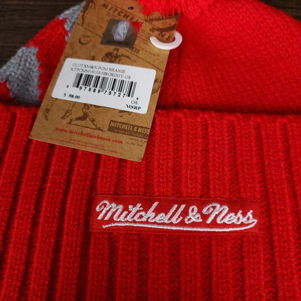Houston Rockets CLOT Mitchell & Ness‎ NBA Cuff Knit Beanie Cap Pom Red Hat NWT